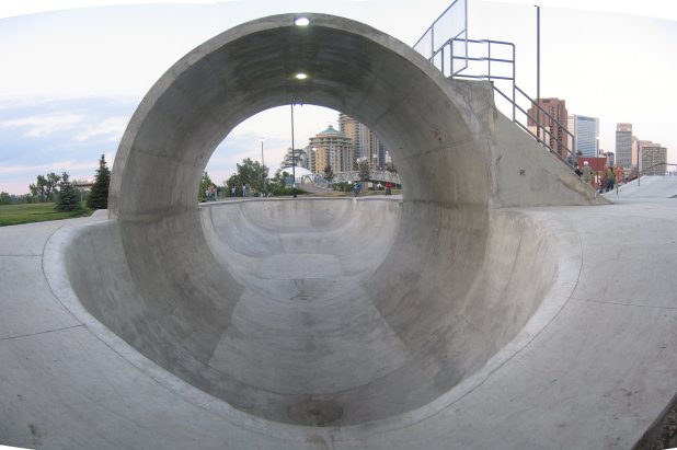 View of Millenium skatepark's full pipe from back
