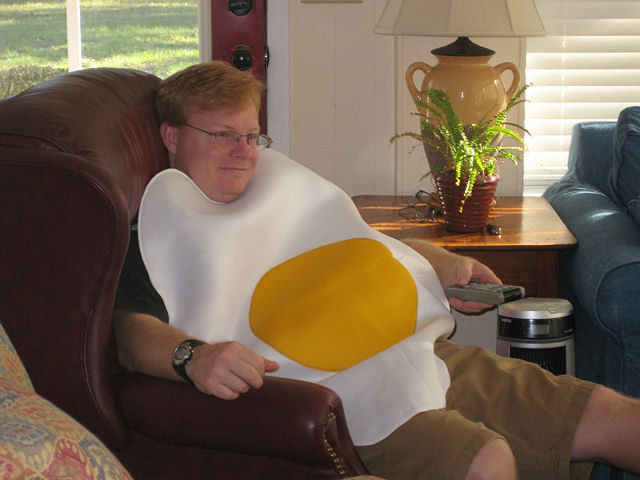 Sig in the Egg costume he forgot to bring